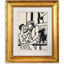 Fernand Léger, Les Amoureux, encre sur papier, couple enlacé sur un banc avec un chien. 01